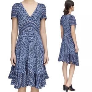 Rebecca Taylor Tangier Paisley Silk Midi Dress V Neck Swing A Line Blue Womens 2